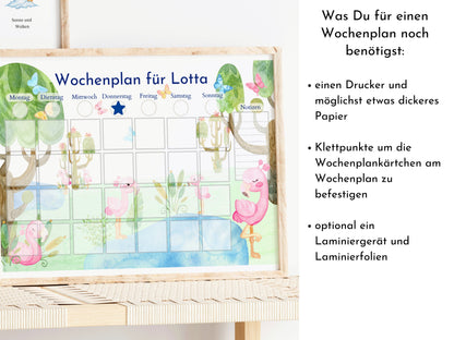 Wochenplan für Kinder, 288 Kärtchen, PDF Sofort-Download zum Ausdrucken, Geburtstagsgeschenk und zum Verschenken "Flamingo"