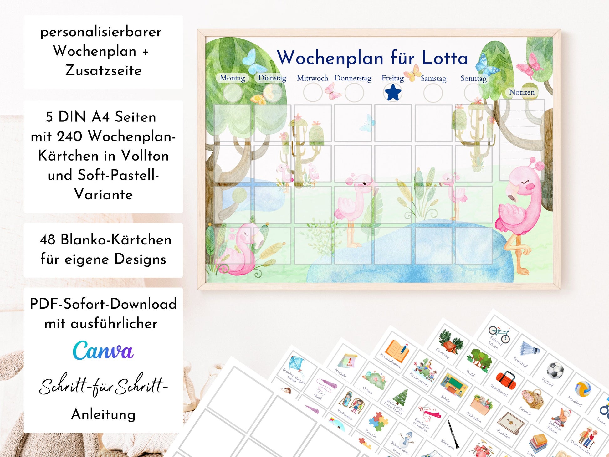 Wochenplan für Kinder, 288 Kärtchen, PDF Sofort-Download zum Ausdrucken, Geburtstagsgeschenk und zum Verschenken "Flamingo"