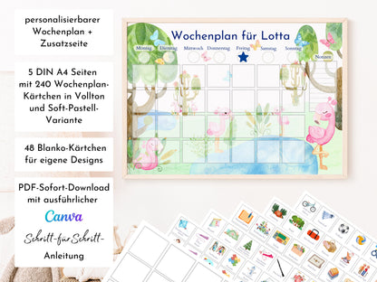 Wochenplan für Kinder, 288 Kärtchen, PDF Sofort-Download zum Ausdrucken, Geburtstagsgeschenk und zum Verschenken "Flamingo"