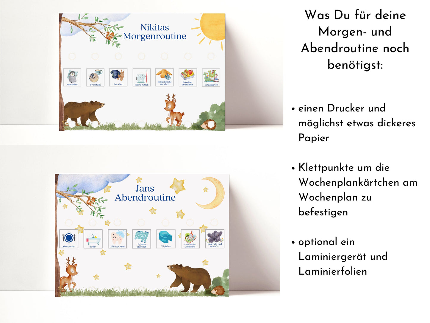 Personalisierte Morgenroutine u. Abendroutine "Bär und Reh", Sofort-Download, 60 Routinekarten, Montessori Routineplan von Familie Nordstern