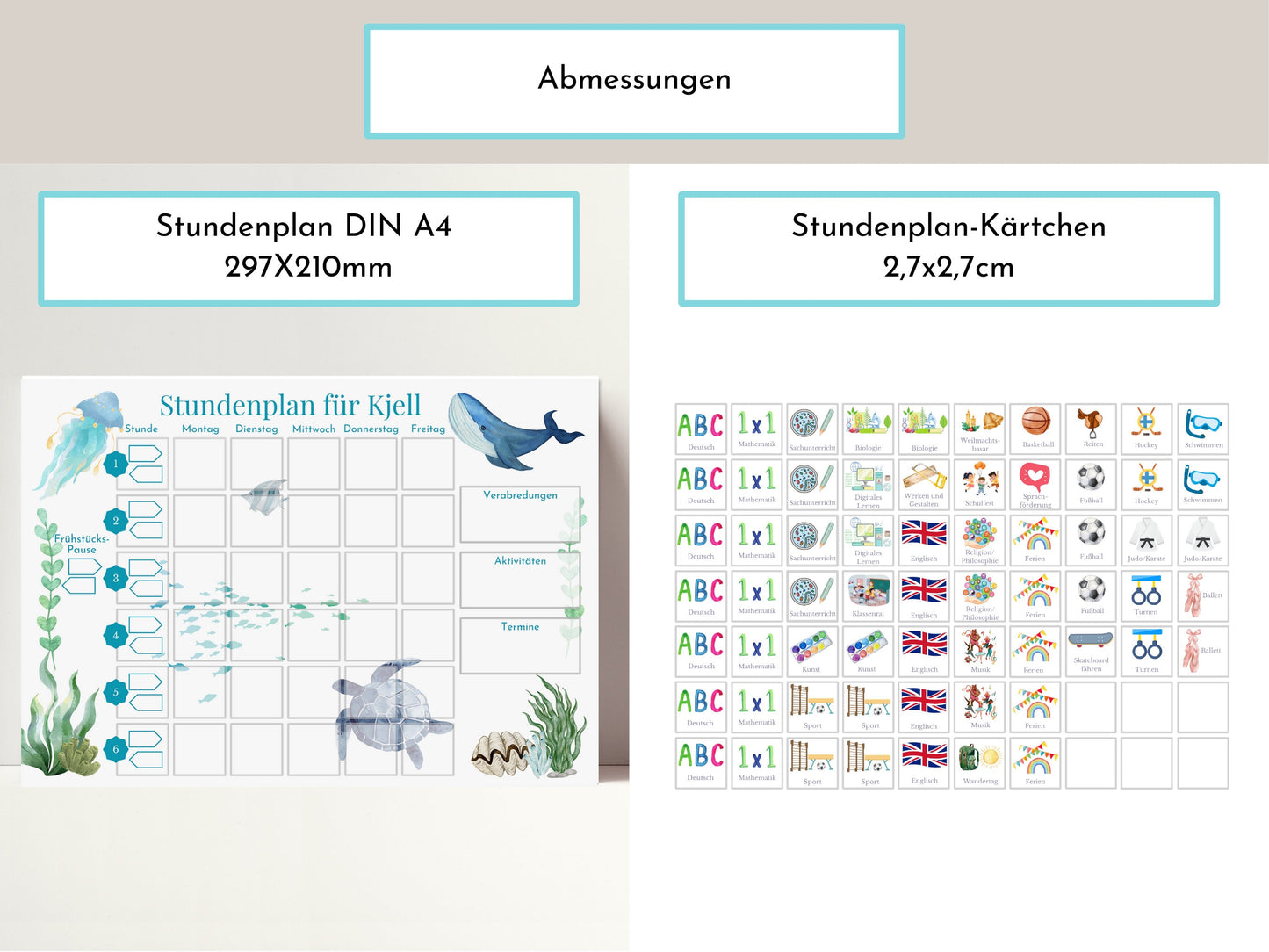 Stundenplan mit 70 Schulfach Kärtchen, personalisiert für die Grundschule, laminiert magnetisch, Geschenkidee Einschulung "Meeresgrund"