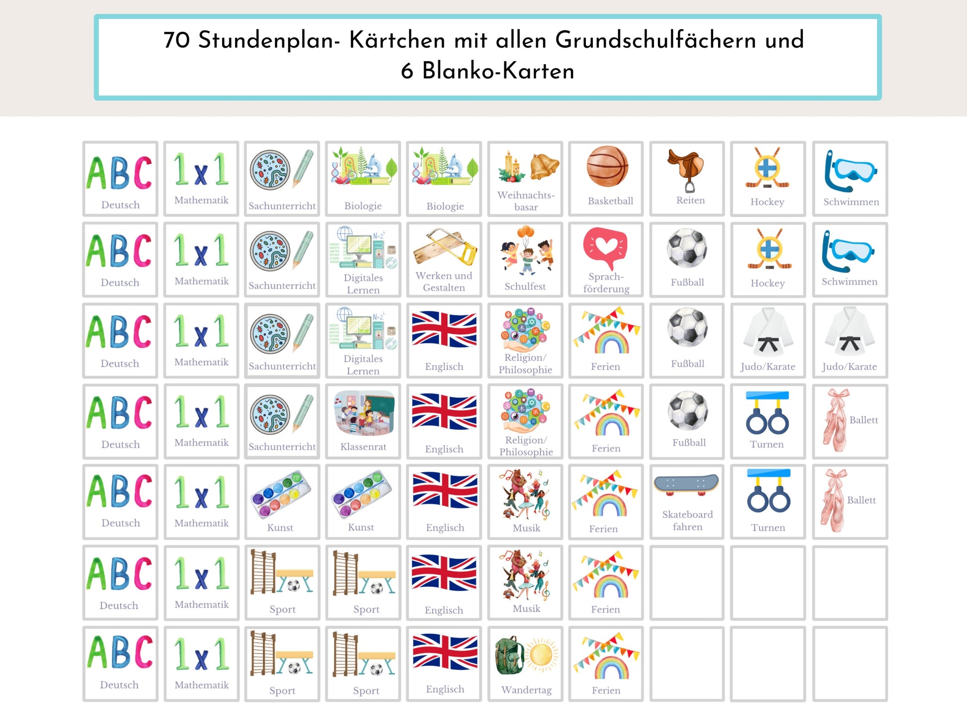 Stundenplan mit 70 Schulfach Kärtchen, personalisiert für die Grundschule, laminiert magnetisch, Geschenkidee Einschulung "Meeresgrund"