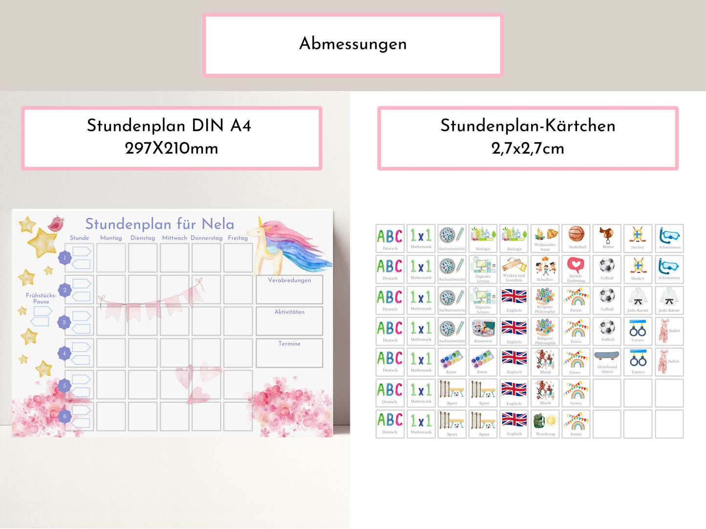 Stundenplan mit 70 Schulfach Karten für Grundschüler, personalisiert laminiert abwischbar magnetisch, Geschenkidee Einschulung "Einhorn"