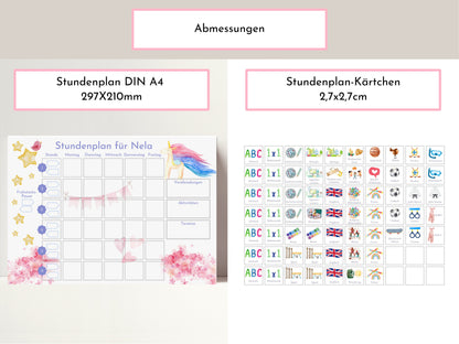 Stundenplan mit 70 Schulfach Karten für Grundschüler, personalisiert laminiert abwischbar magnetisch, Geschenkidee Einschulung "Einhorn"