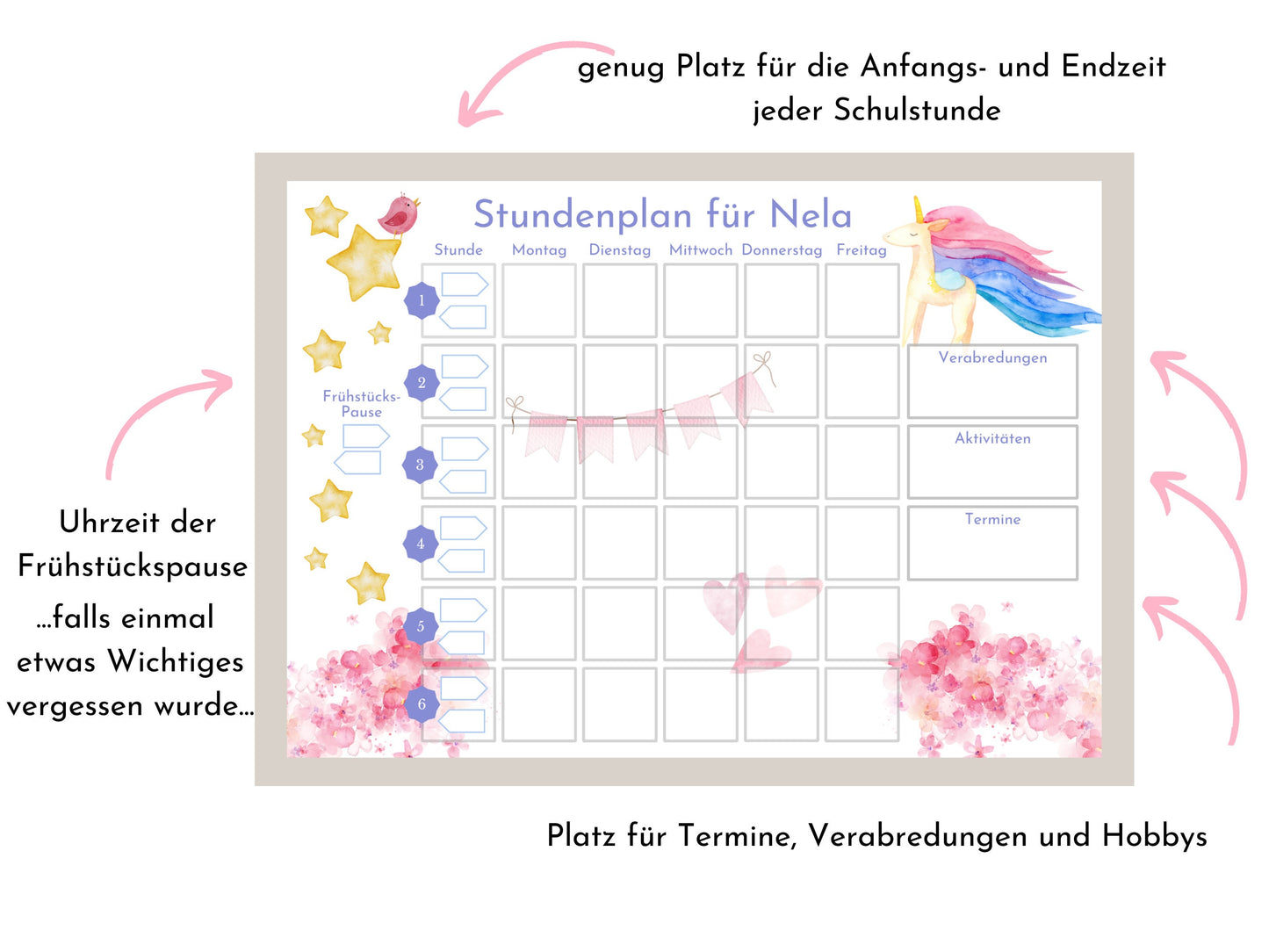 Stundenplan mit 70 Schulfach Karten für Grundschüler, personalisiert laminiert abwischbar magnetisch, Geschenkidee Einschulung "Einhorn"