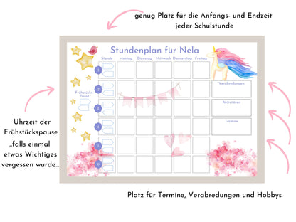 Stundenplan mit 70 Schulfach Karten für Grundschüler, personalisiert laminiert abwischbar magnetisch, Geschenkidee Einschulung "Einhorn"