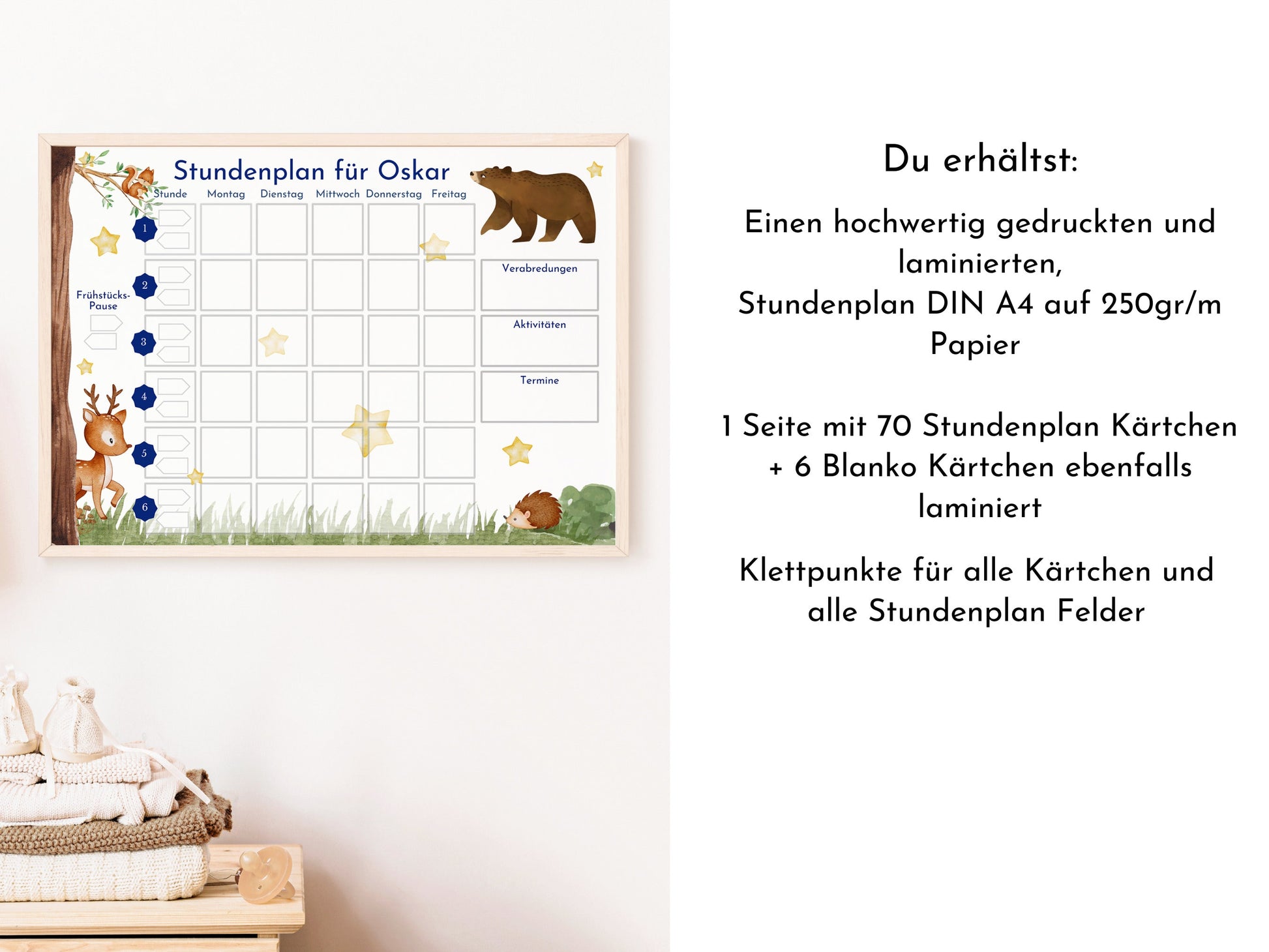 Stundenplan mit 70 Schulfach Karten, personalisiert für die Grundschule, abwischbar laminiert magnetisch, Geschenk Einschulung "Bär"