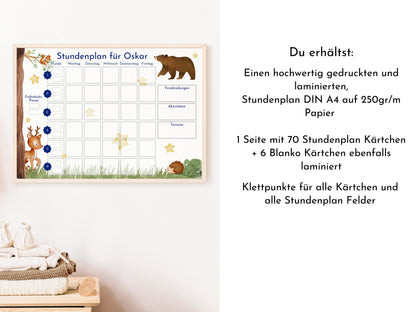 Stundenplan mit 70 Schulfach Karten, personalisiert für die Grundschule, abwischbar laminiert magnetisch, Geschenk Einschulung "Bär"