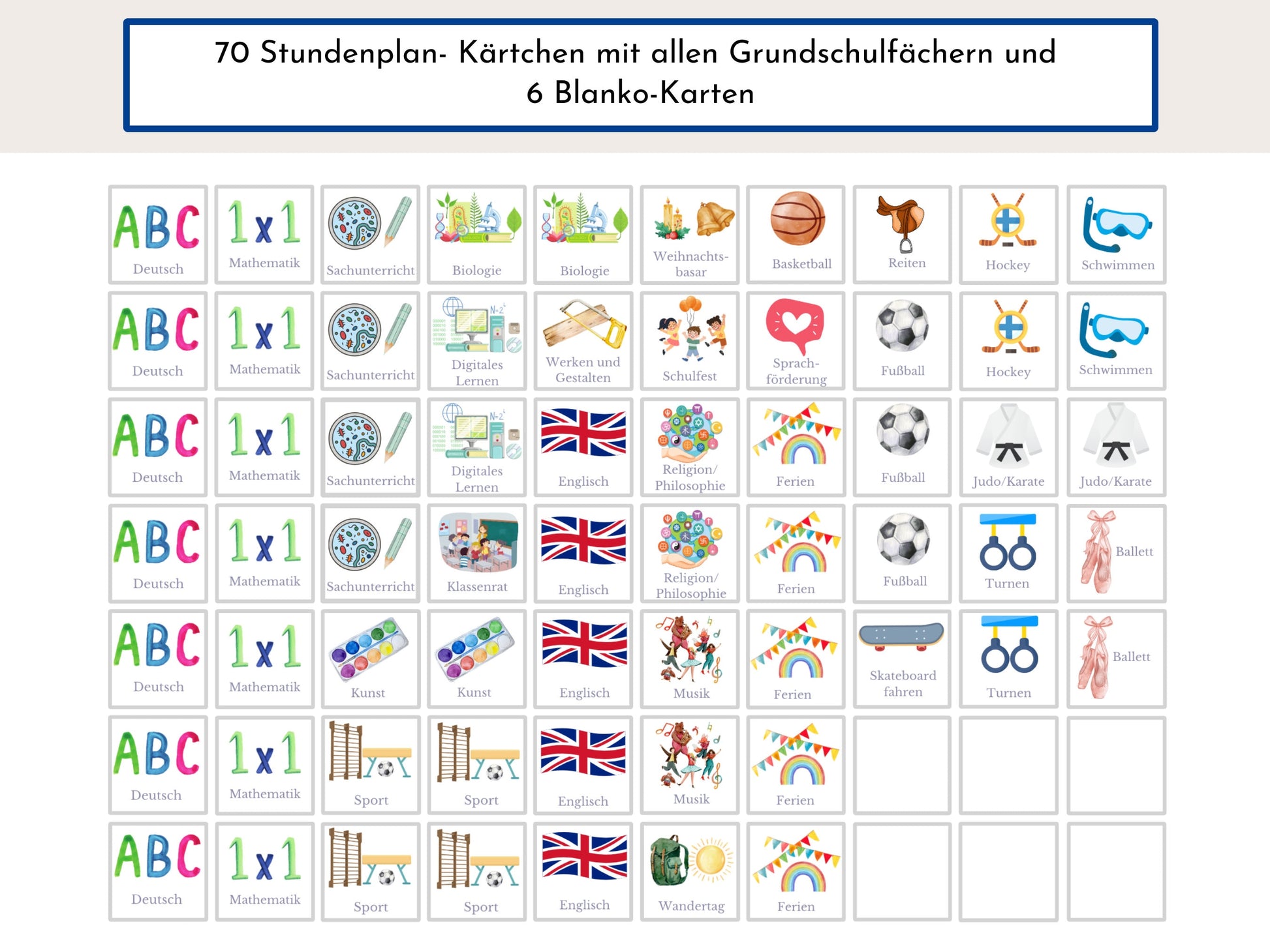 Stundenplan mit 70 Schulfach Karten, personalisiert für die Grundschule, abwischbar laminiert magnetisch, Geschenk Einschulung "Bär"