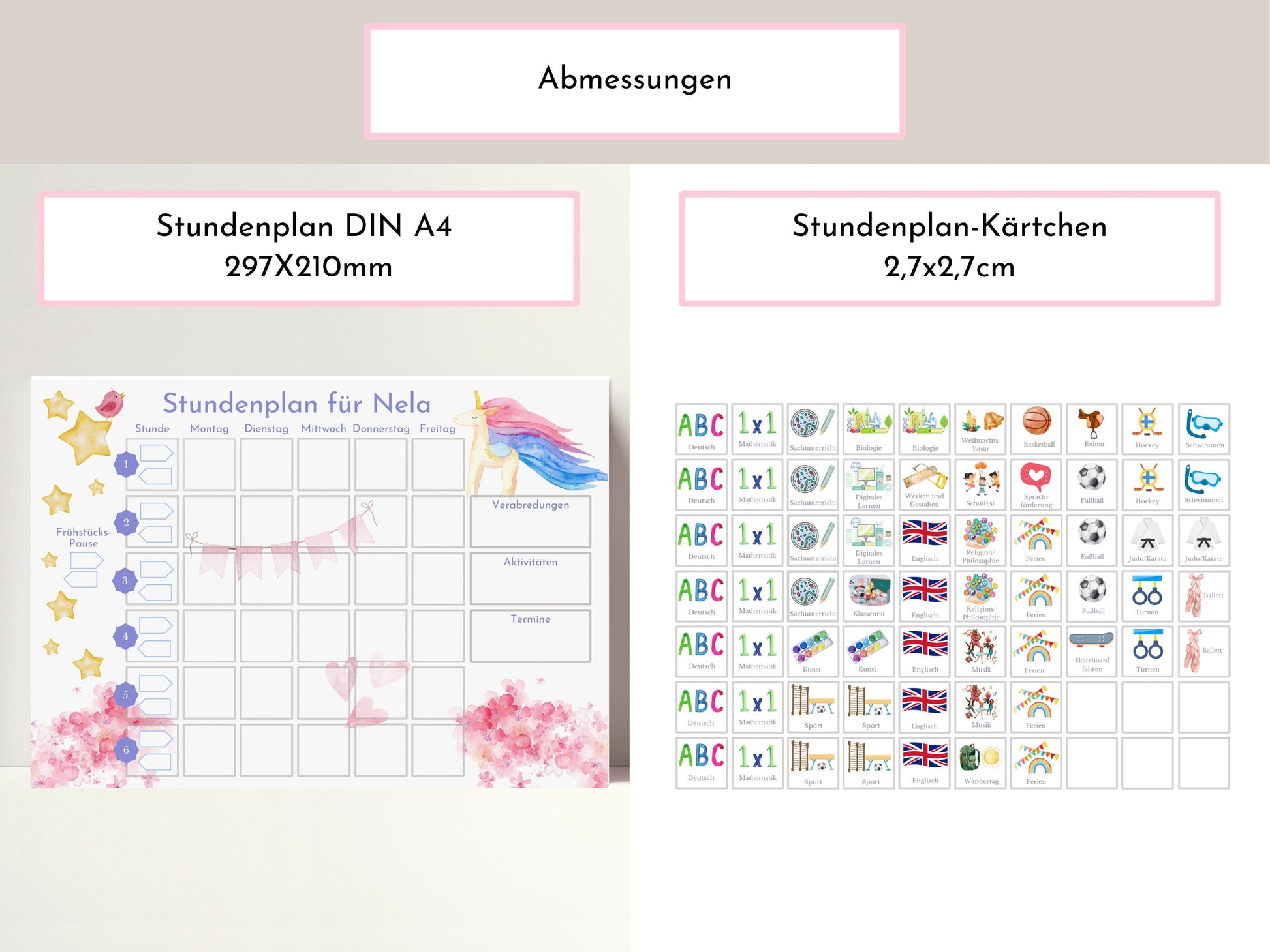 Stundenplan mit 70 Schulfach Karten, personalisiert für die Grundschule, abwischbar laminiert magnetisch, Geschenk Einschulung "Einhorn"