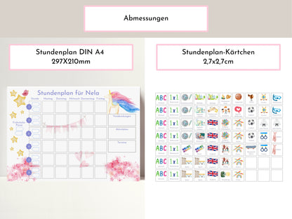 Stundenplan mit 70 Schulfach Karten, personalisiert für die Grundschule, abwischbar laminiert magnetisch, Geschenk Einschulung "Einhorn"