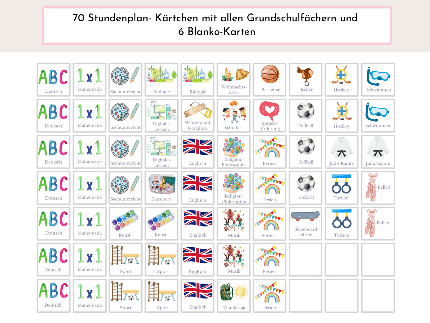 Stundenplan mit 70 Schulfach Karten, personalisiert für die Grundschule, abwischbar laminiert magnetisch, Geschenk Einschulung "Einhorn"