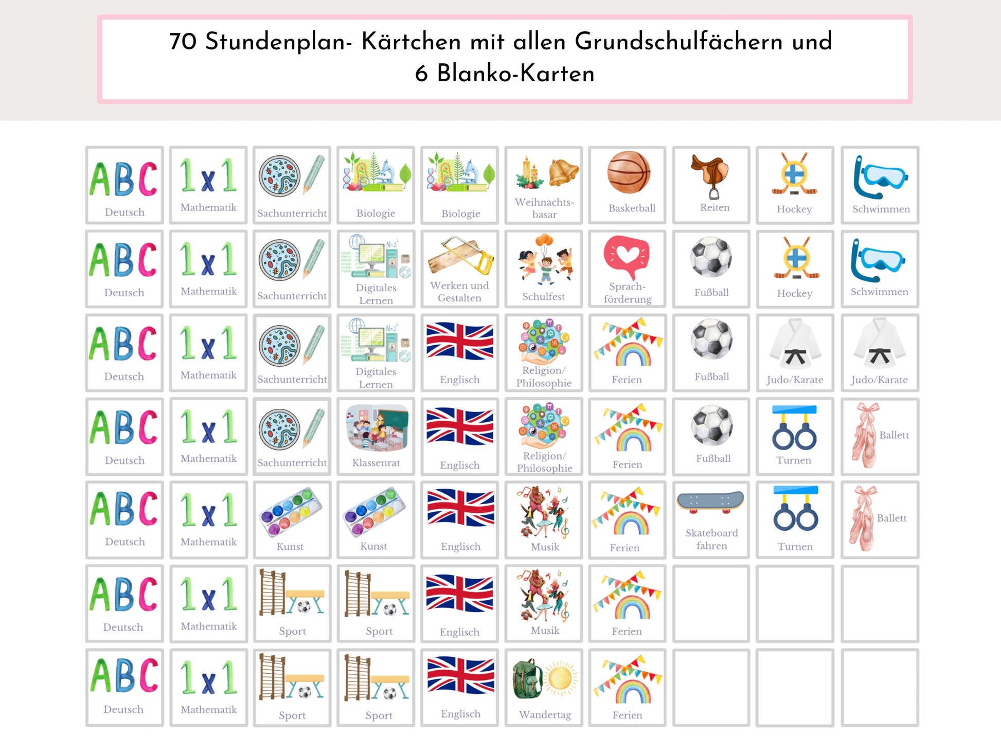 Stundenplan mit 70 Schulfach Karten, personalisiert für die Grundschule, abwischbar laminiert magnetisch, Geschenk Einschulung "Einhorn"