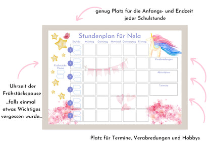 Stundenplan mit 70 Schulfach Karten, personalisiert für die Grundschule, abwischbar laminiert magnetisch, Geschenk Einschulung "Einhorn"