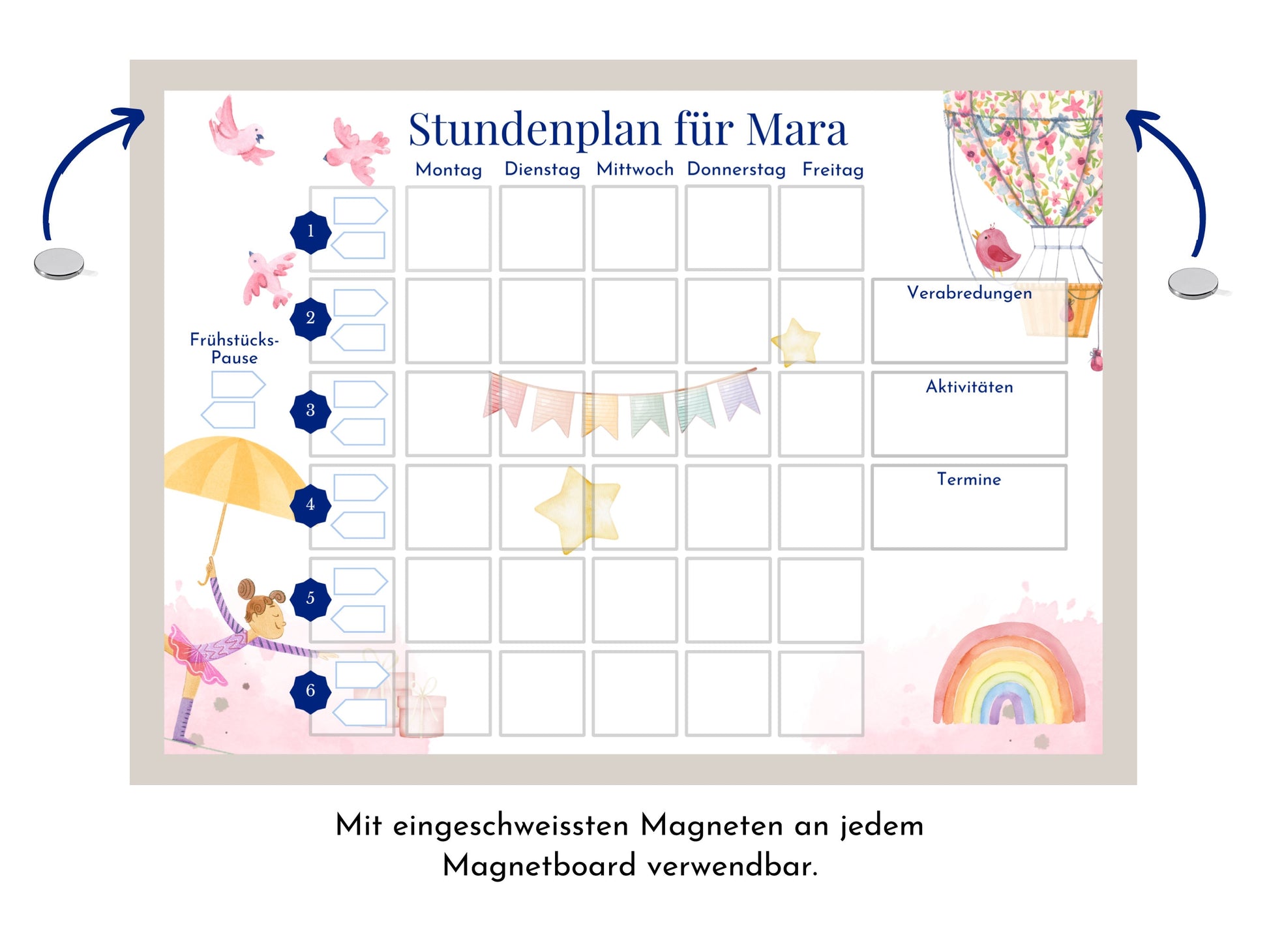 Stundenplan mit 70 Schulfach Kärtchen, personalisiert, Stundentafel laminiert abwischbar magnetisch, Geschenk Einschulung "Heissluftballon"