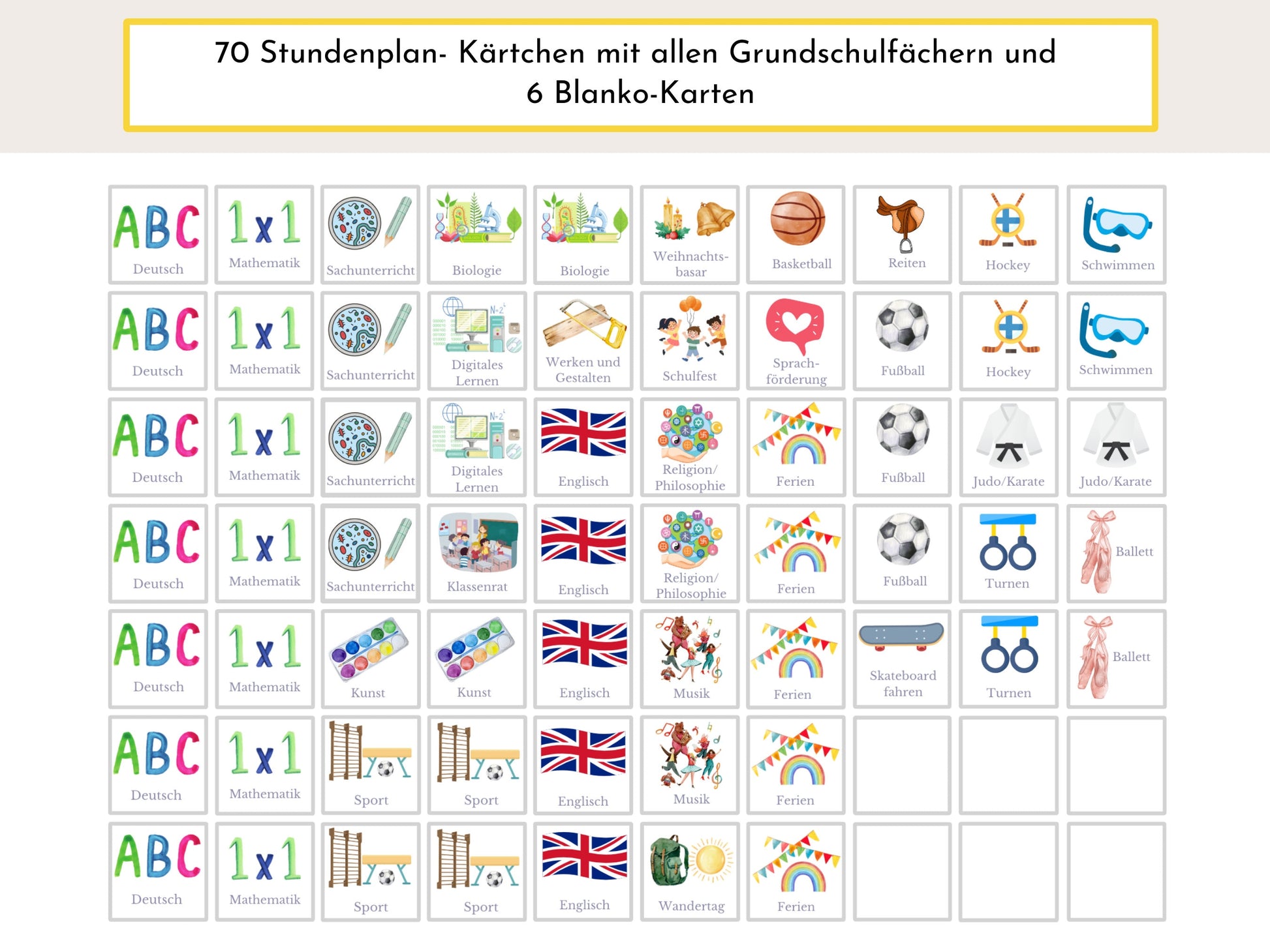 Stundenplan mit 70 Schulfach Kärtchen, personalisiert, Stundentafel laminiert abwischbar magnetisch, Geschenk Einschulung "Heissluftballon"