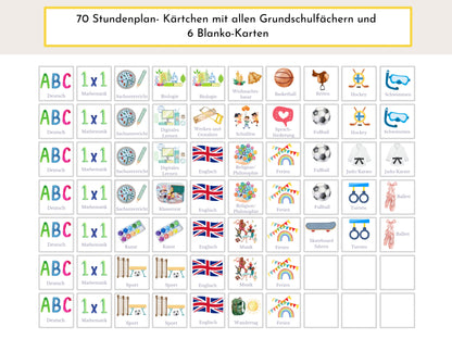 Stundenplan mit 70 Schulfach Kärtchen, personalisiert, Stundentafel laminiert abwischbar magnetisch, Geschenk Einschulung "Heissluftballon"