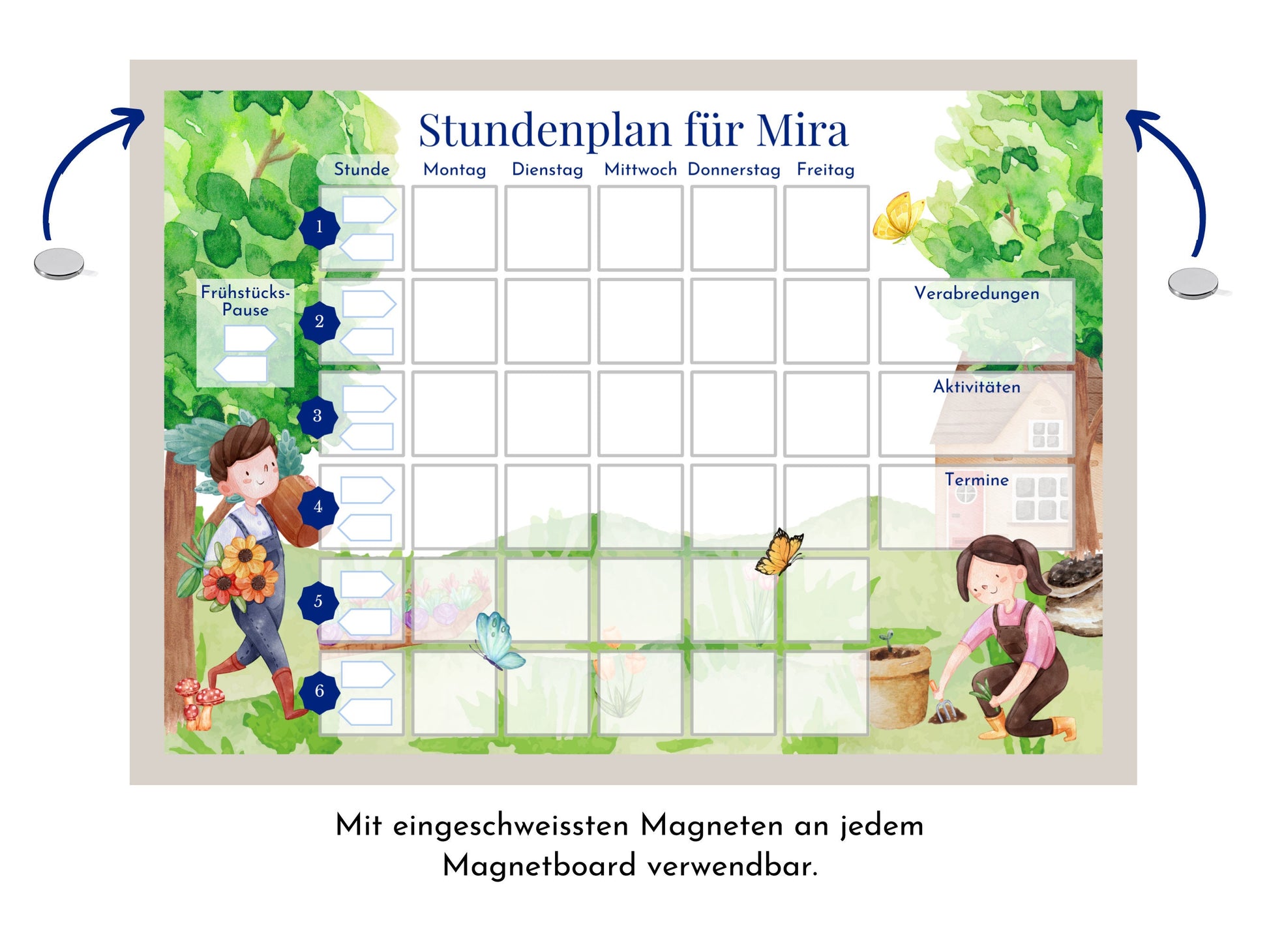 Stundenplan mit 70 Schulfach-Kärtchen, personalisiert, abwischbar laminiert magnetisch, Einschulung Schulanfang Geschenk "Garten"