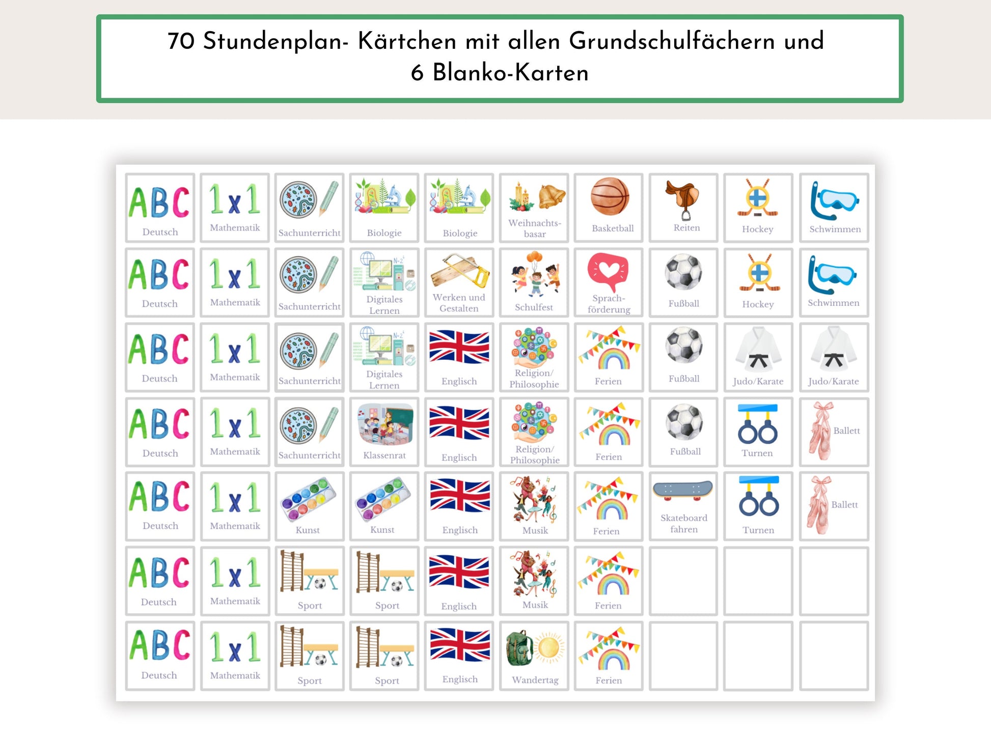 Stundenplan mit 70 Schulfach-Kärtchen, personalisiert, abwischbar laminiert magnetisch, Einschulung Schulanfang Geschenk "Garten"