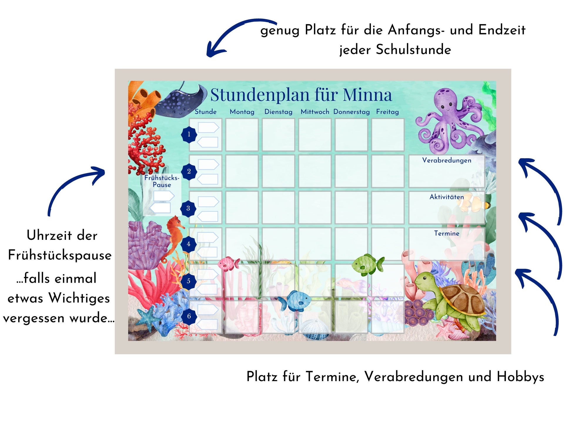 Stundenplan mit 70 Schulfach Kärtchen, personalisiert für Grundschule, laminiert abwischbar magnetisch, Geschenk Einschulung "Korallenriff"