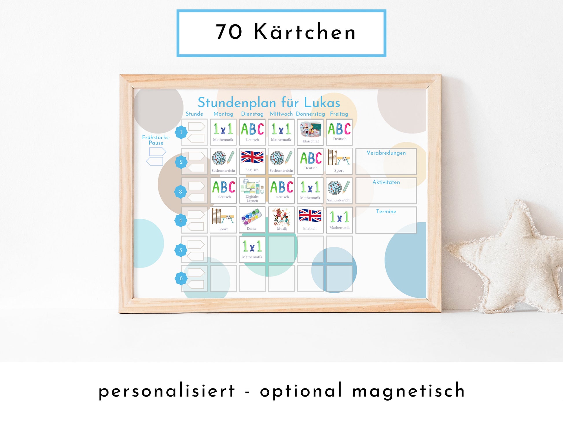 Stundenplan mit 70 Schulfach Kärtchen, personalisiert für die Grundschule, laminiert magnetisch, Geschenkidee Einschulung "Kreise Strand"