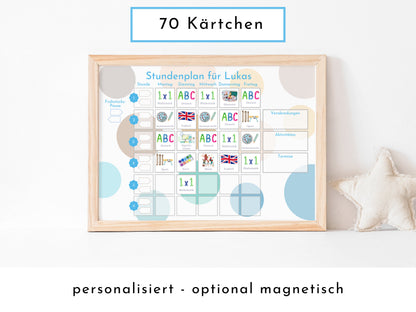 Stundenplan mit 70 Schulfach Kärtchen, personalisiert für die Grundschule, laminiert magnetisch, Geschenkidee Einschulung "Kreise Strand"