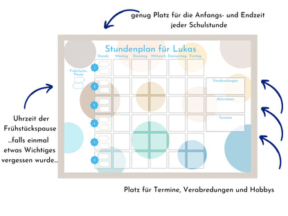 Stundenplan mit 70 Schulfach Kärtchen, personalisiert für die Grundschule, laminiert magnetisch, Geschenkidee Einschulung "Kreise Strand"