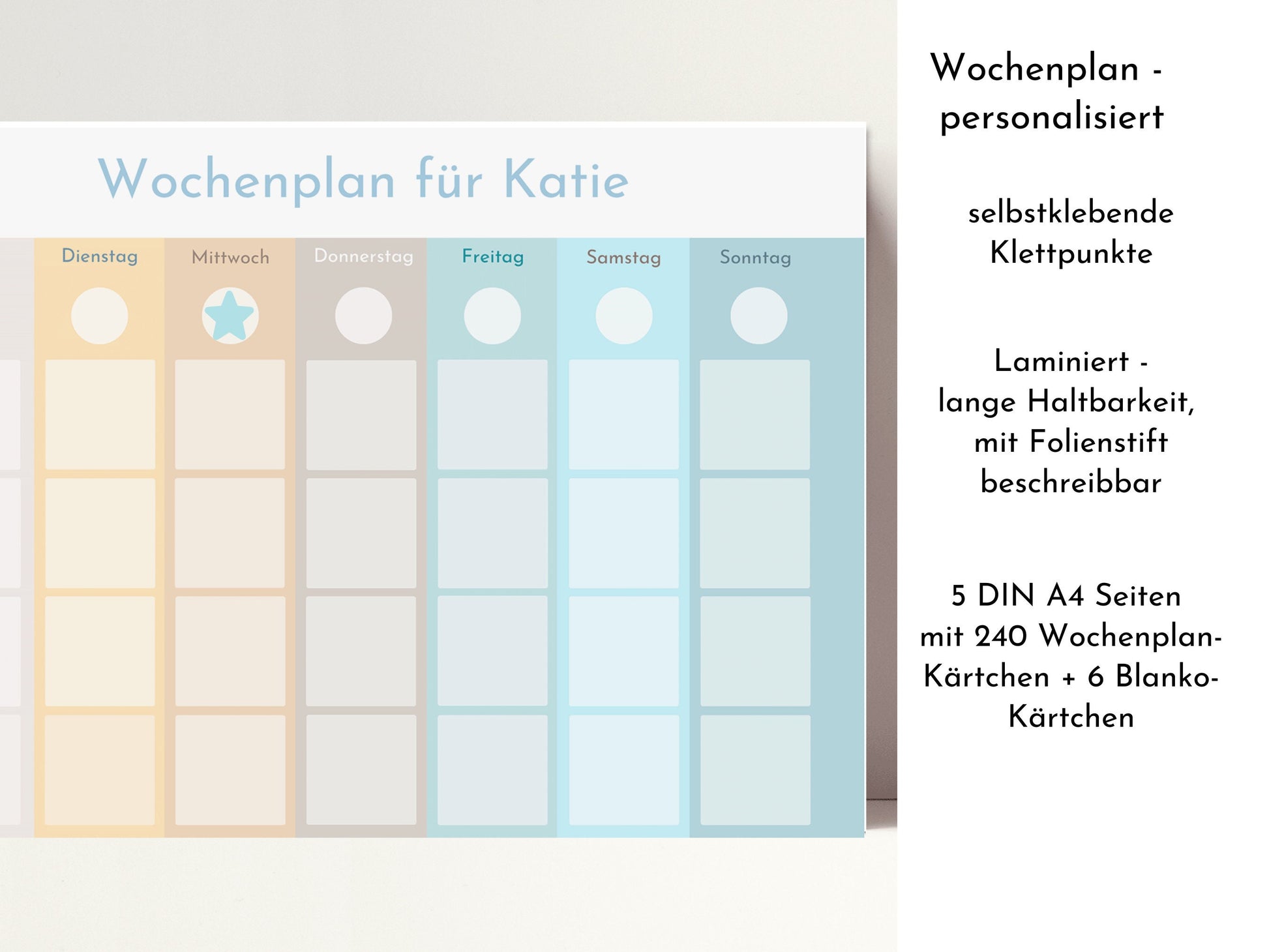 Wochenplaner personalisiert für Kinder und Teenager, 246 Wochenplan Karten, Klett, laminiert, magnetisch, Geburtstag Geschenk Farben "Beach"