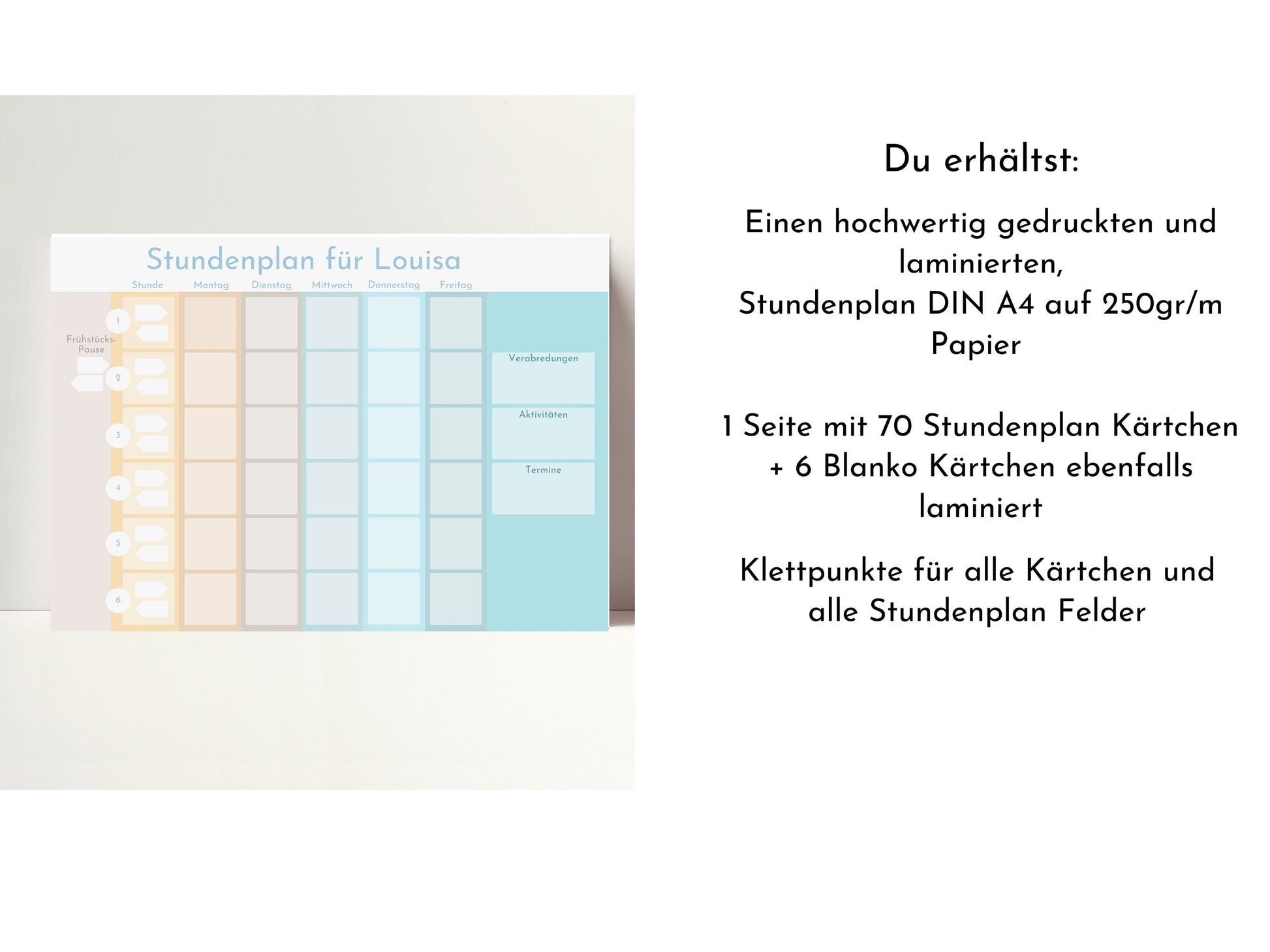 Stundenplan mit 70 Schulfach Kärtchen für die Grundschule, personalisiert laminiert magnetisch abwischbar, Geschenkidee Einschulung "Strand"