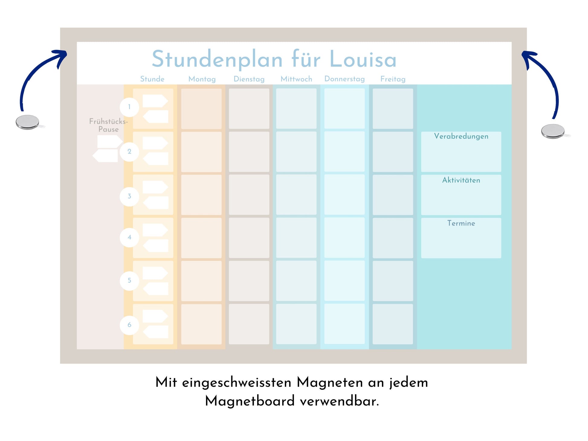 Stundenplan mit 70 Schulfach Kärtchen für die Grundschule, personalisiert laminiert magnetisch abwischbar, Geschenkidee Einschulung "Strand"