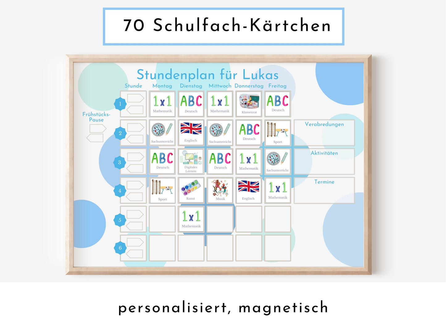 Stundenplan mit 70 Schulfach Karten für die Grundschule, personalisiert laminiert magnetisch abwischbar, Geschenk Einschulung "Kreise Meer"