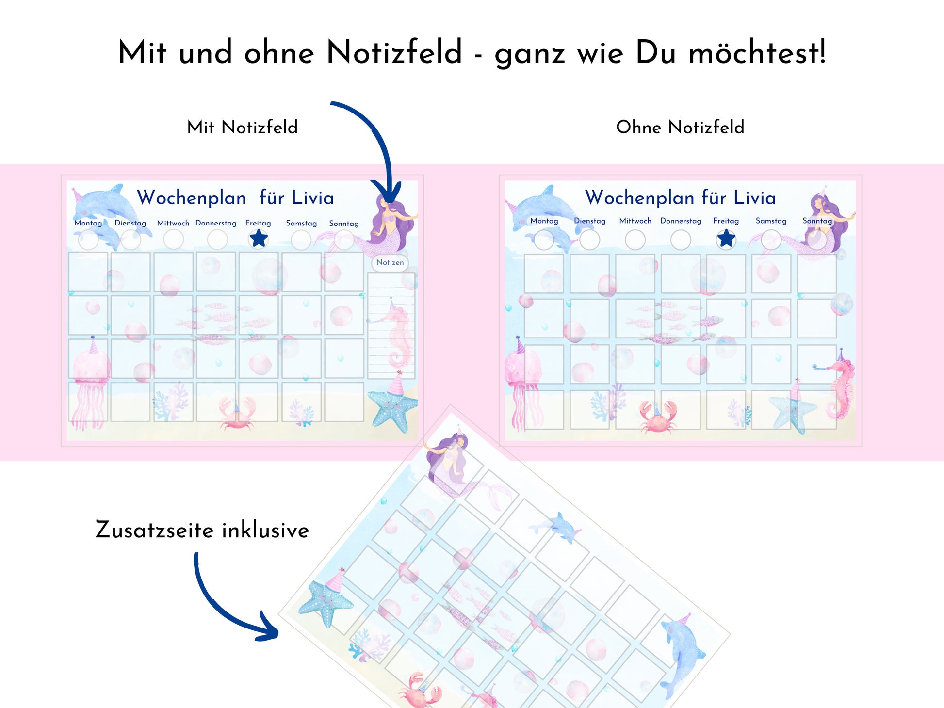 Wochenplan für Kinder mit 288 Routine Karten, personalisierbar, Sofort-Download, Geschenkidee zum Geburtstag "Meerjungfrau"