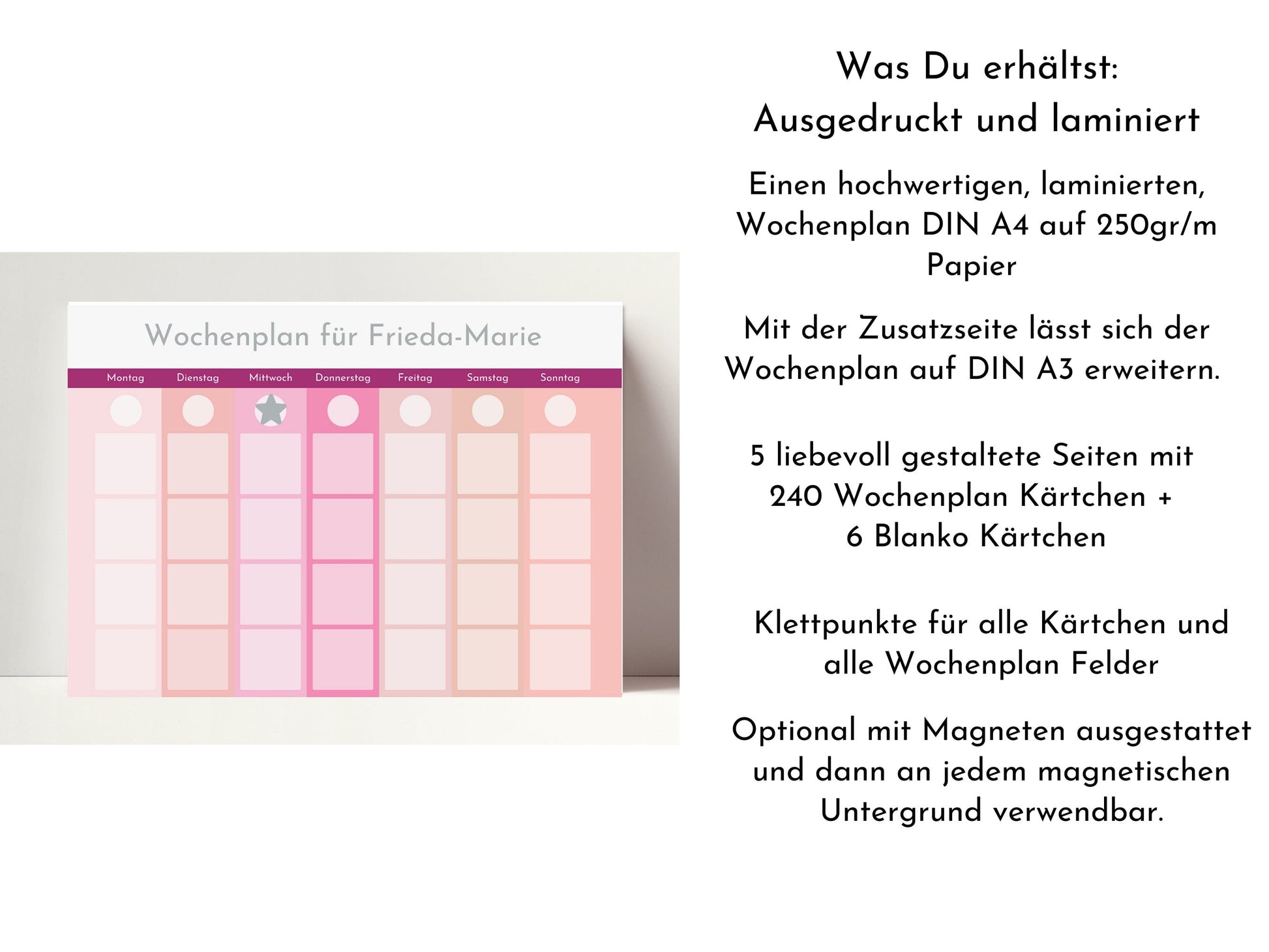 Personalisierter Wochenplan, Kinder und Teenager, 246 Wochenplan Karten, Klett laminiert magnetisch, Montessori Routineplan "Pastell Beeren"