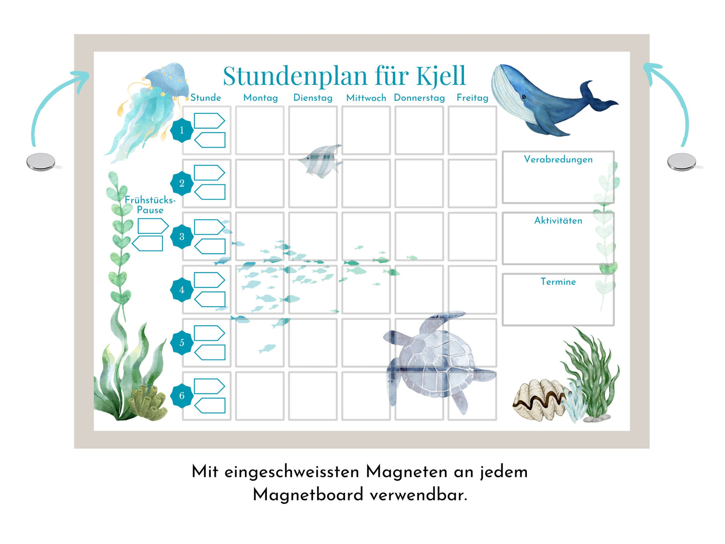 Stundenplan mit 70 Schulfach Kärtchen, personalisiert für die Grundschule, laminiert magnetisch, Geschenkidee Einschulung "Meeresgrund"