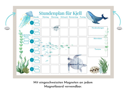 Stundenplan mit 70 Schulfach Kärtchen, personalisiert für die Grundschule, laminiert magnetisch, Geschenkidee Einschulung "Meeresgrund"