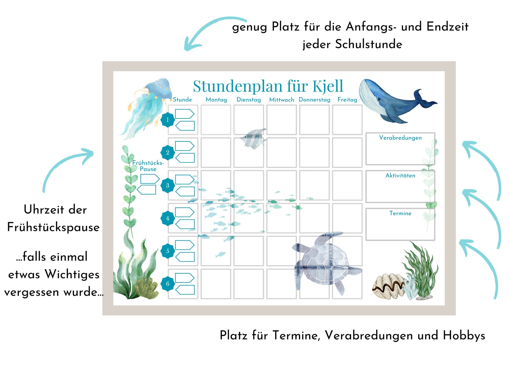 Stundenplan mit 70 Schulfach Kärtchen, personalisiert für die Grundschule, laminiert magnetisch, Geschenkidee Einschulung "Meeresgrund"