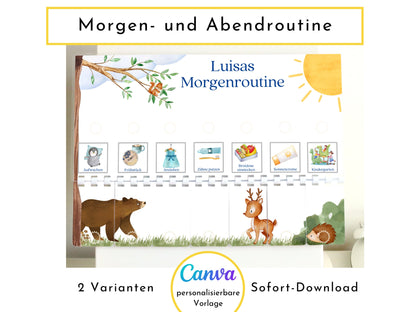 Personalisierte Morgenroutine u. Abendroutine "Bär und Reh", Sofort-Download, 60 Routinekarten, Montessori Routineplan von Familie Nordstern