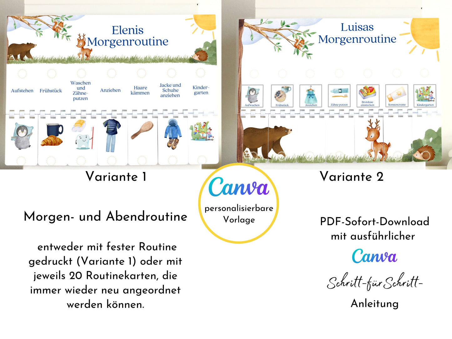 Personalisierte Morgenroutine u. Abendroutine "Bär und Reh", Sofort-Download, 60 Routinekarten, Montessori Routineplan von Familie Nordstern