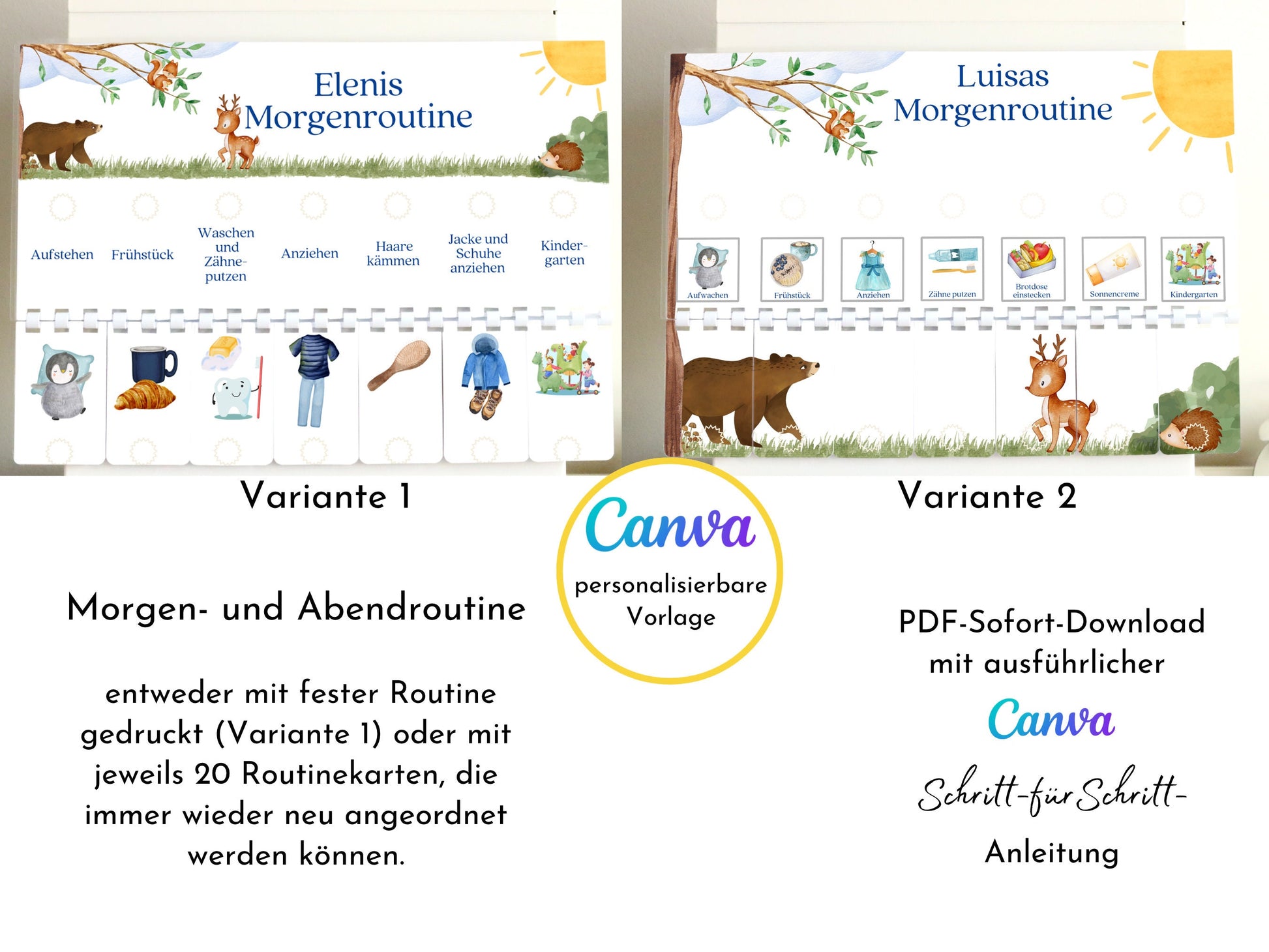 Personalisierte Morgenroutine u. Abendroutine "Bär und Reh", Sofort-Download, 60 Routinekarten, Montessori Routineplan von Familie Nordstern