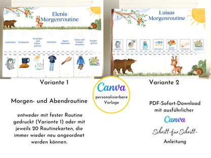 Personalisierte Morgenroutine u. Abendroutine "Bär und Reh", Sofort-Download, 60 Routinekarten, Montessori Routineplan von Familie Nordstern