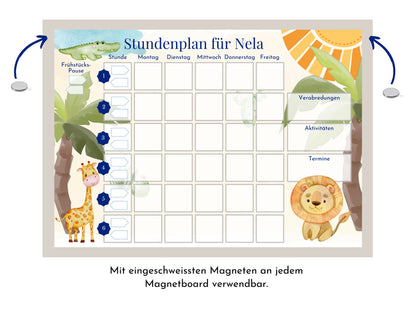 Personalisierter Stundenplan für die 1. Klasse, mit 70 Schulfach Kärtchen, magnetisch laminiert "Löwe und Krokodil"