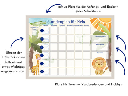 Personalisierter Stundenplan für die 1. Klasse, mit 70 Schulfach Kärtchen, magnetisch laminiert "Löwe und Krokodil"