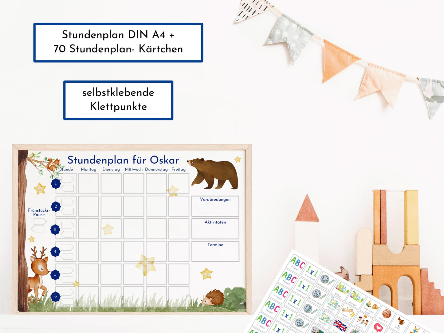 Stundenplan mit 70 Schulfach Karten, personalisiert für die Grundschule, abwischbar laminiert magnetisch, Geschenk Einschulung "Bär"