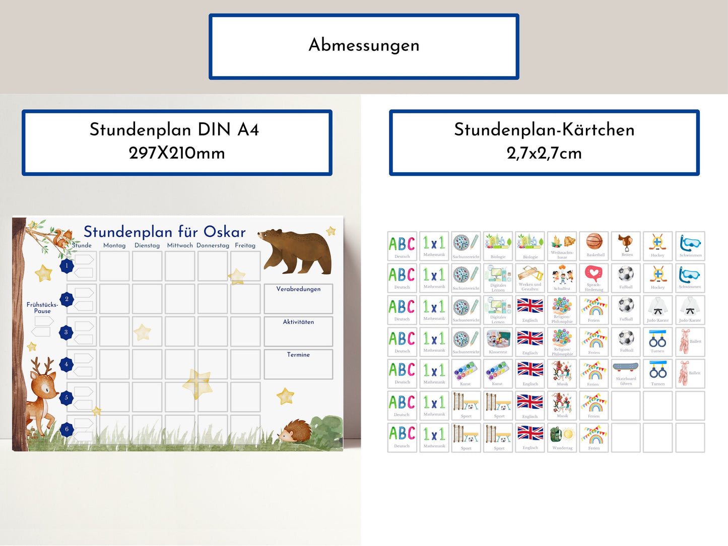 Stundenplan mit 70 Schulfach Karten, personalisiert für die Grundschule, abwischbar laminiert magnetisch, Geschenk Einschulung "Bär"