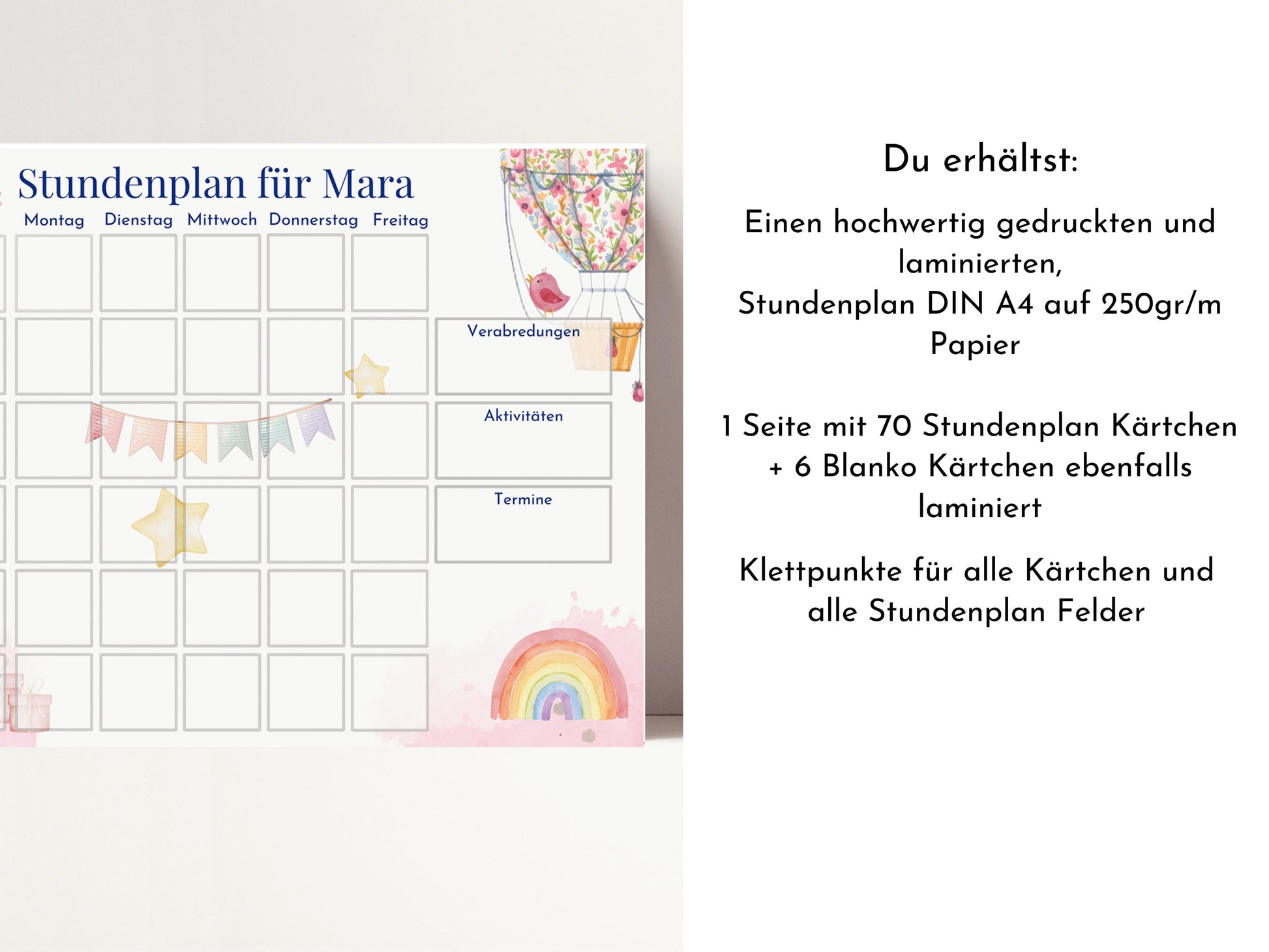 Stundenplan mit 70 Schulfach Kärtchen, personalisiert, Stundentafel laminiert abwischbar magnetisch, Geschenk Einschulung "Heissluftballon"