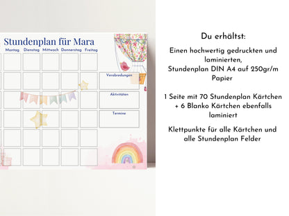 Stundenplan mit 70 Schulfach Kärtchen, personalisiert, Stundentafel laminiert abwischbar magnetisch, Geschenk Einschulung "Heissluftballon"