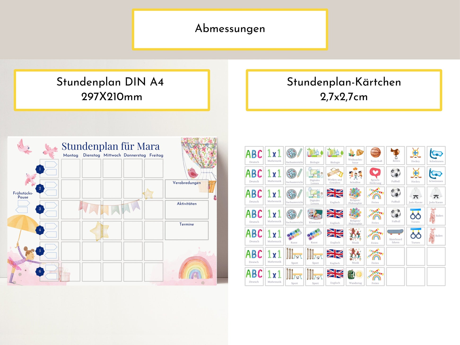 Stundenplan mit 70 Schulfach Kärtchen, personalisiert, Stundentafel laminiert abwischbar magnetisch, Geschenk Einschulung "Heissluftballon"