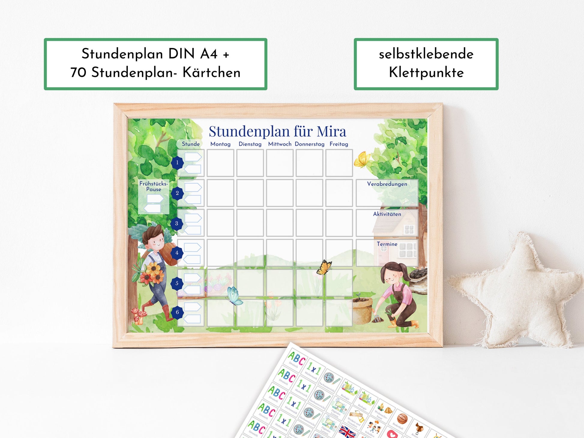 Stundenplan mit 70 Schulfach-Kärtchen, personalisiert, abwischbar laminiert magnetisch, Einschulung Schulanfang Geschenk "Garten"