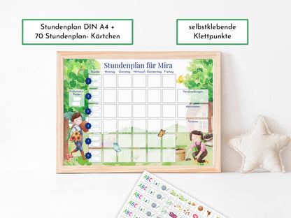 Stundenplan mit 70 Schulfach-Kärtchen, personalisiert, abwischbar laminiert magnetisch, Einschulung Schulanfang Geschenk "Garten"