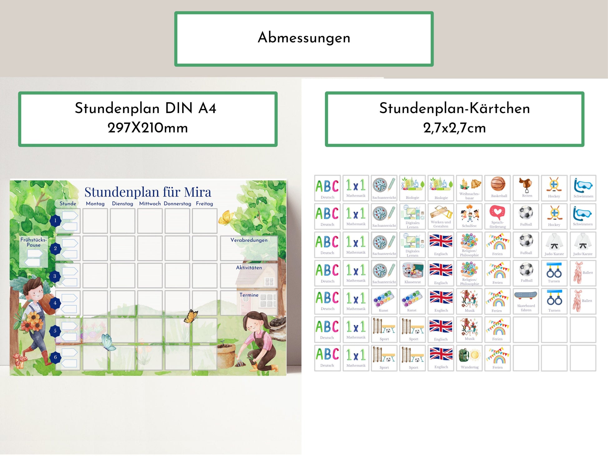 Stundenplan mit 70 Schulfach-Kärtchen, personalisiert, abwischbar laminiert magnetisch, Einschulung Schulanfang Geschenk "Garten"